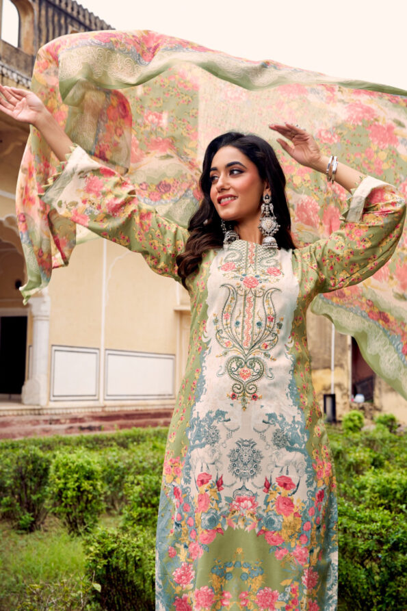 Pakistani Cotton Dress Material Unstitched Embroidered Salwar Kameez with Cotton Mal Mal Dupatta Olive Green