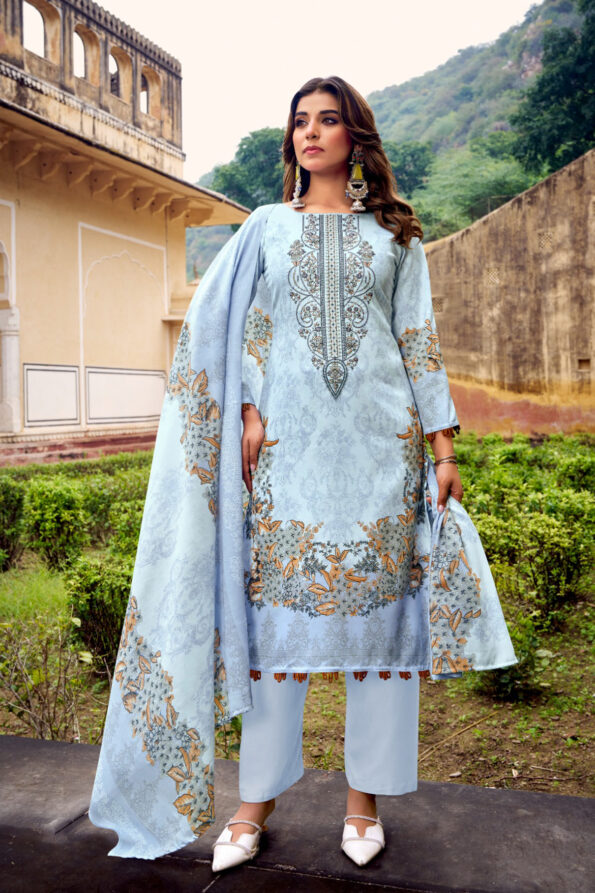 Pakistani Cotton Dress Material Unstitched Embroidered Salwar Kameez with Cotton Mal Mal Dupatta Soft Blue