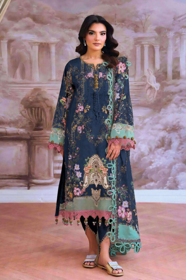 Pakistani Pure Cotton Embroidered Dress Material with Chiffon Dupatta Premium Unstitched Suit for Women Festive Wear Deep Teal Blue