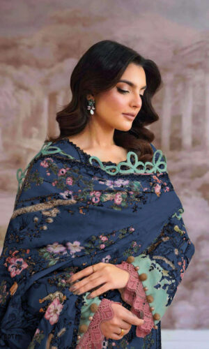 Pakistani Pure Cotton Embroidered Dress Material with Chiffon Dupatta Premium Unstitched Suit for Women Festive Wear Deep Teal Blue
