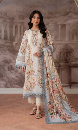 Pakistani Pure Cotton Embroidered Dress Material with Chiffon Dupatta Premium Unstitched Suit for Women Festive Wear Ivory Off-White