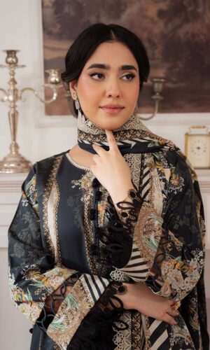 Pakistani Pure Cotton Embroidered Dress Material with Chiffon Dupatta Premium Unstitched Suit for Women Festive Wear Black