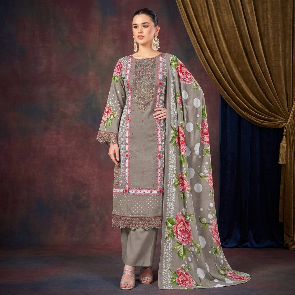 Pakistani Suit Cambric Cotton Embroidered Dress Material with Cotton Malmal Dupatta Premium Unstitched – Ash Grey