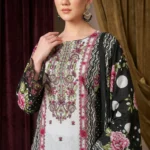 Pakistani Cambric Cotton Embroidered Salwar Suit Dress Black Ivory