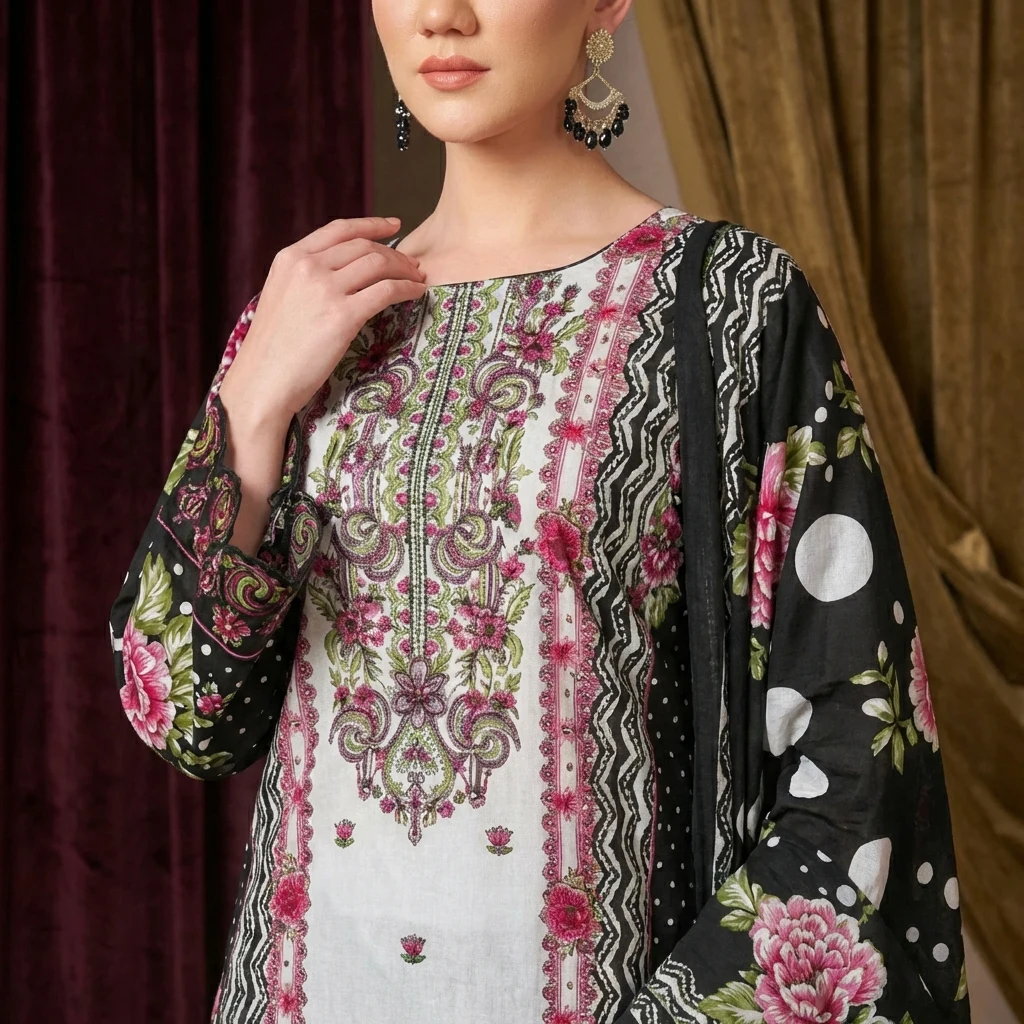 Pakistani Suit Cambric Cotton Embroidered Dress Material with Cotton Malmal Dupatta Premium Unstitched – Black Ivory (2) copy Pakistani Suit Cambric Cotton Embroidered Dress Material with Cotton Malmal Dupatta Premium Unstitched – Black Ivory