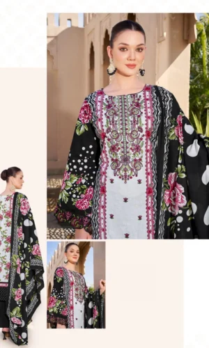 Pakistani Suit Cambric Cotton Embroidered Dress Material with Cotton Malmal Dupatta Premium Unstitched – Black Ivory