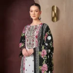 Pakistani Cambric Cotton Embroidered Salwar Suit Dress Black Ivory