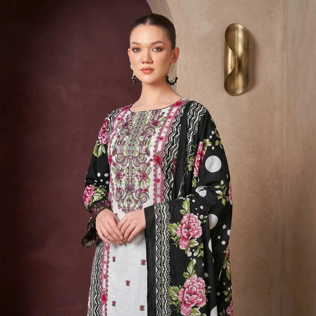 Pakistani Suit Cambric Cotton Embroidered Dress Material with Cotton Malmal Dupatta Premium Unstitched – Black Ivory copy Pakistani Suit Cambric Cotton Embroidered Dress Material with Cotton Malmal Dupatta Premium Unstitched – Black Ivory