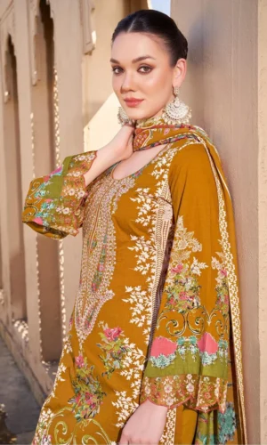 Pakistani Suit Cambric Cotton Embroidered Dress Material with Cotton Malmal Dupatta Premium Unstitched – Golden Mustard