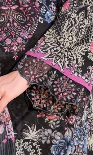 Pakistani Suit Cambric Cotton Embroidered Dress Material with Cotton Malmal Dupatta Premium Unstitched – Midnight Black