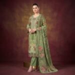Pakistani Cambric Cotton Embroidered Salwar Suit Dress Olive Green