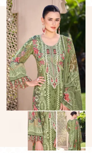 Pakistani Suit Cambric Cotton Embroidered Dress Material with Cotton Malmal Dupatta Premium Unstitched – Olive Green