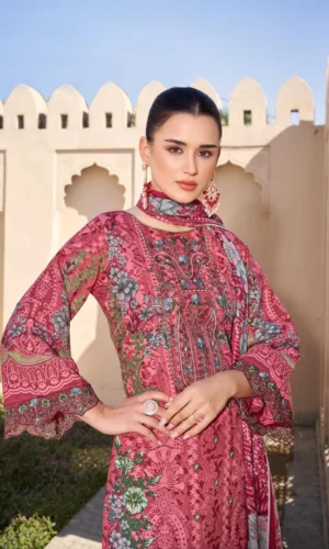 Pakistani Suit Cambric Cotton Embroidered Dress Material with Cotton Malmal Dupatta Premium Unstitched – Rose Pink