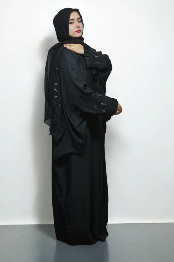 ABAYA BLACK STONE WORK ON SLEEVS AND DUPATTA In Black