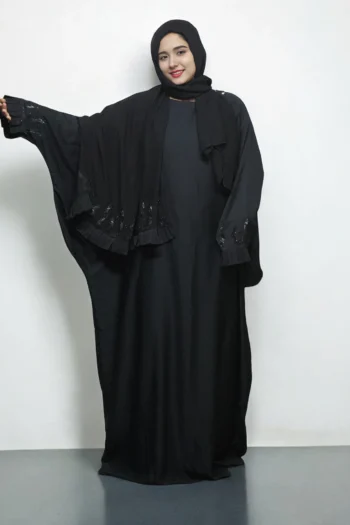 ABAYA BLACK STONE WORK ON SLEEVS AND DUPATTA In Black