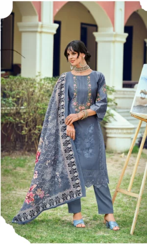 Pakistani Suit Pure Cotton Dress Material Gray Unstitched Embroidered Salwar Kameez