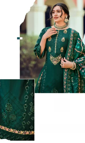 Pakistani Suit Pure Cotton Dress Material Bottle Green Unstitched Embroidered Salwar Kameez