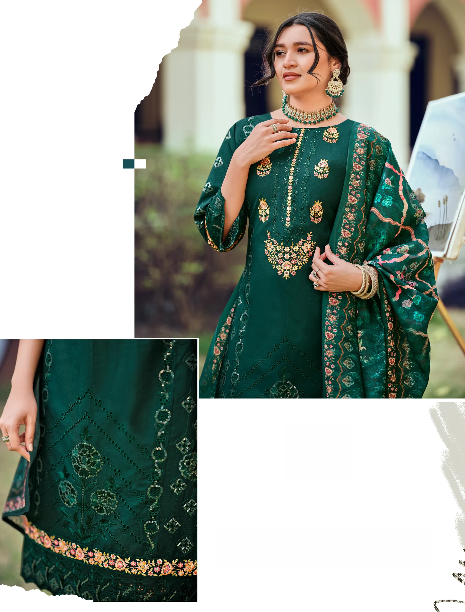 Pakistani Suit Pure Cotton Dress Material Bottle Green Unstitched Embroidered Salwar Kameez
